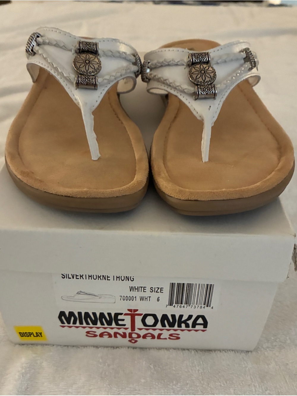 Minnetonka White Beaded T-Strap Thong Sandals